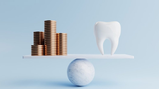 Illustration of tooth balanced against stacks of coins