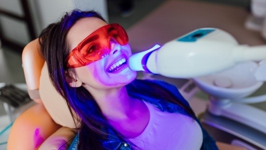 Woman receiving professional teeth whitening in dental office