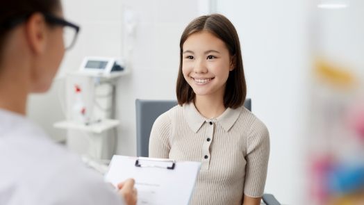 Woman smiling at dental team member with clipboard