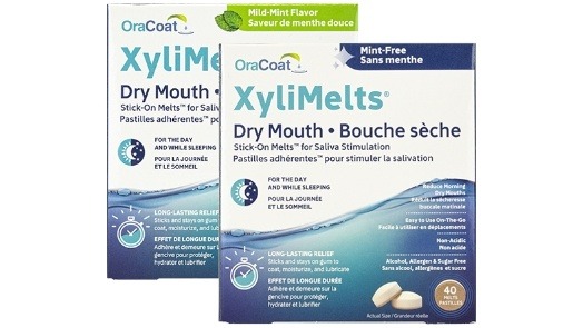 Two packs of XyliMelts medication for dry mouth treatment