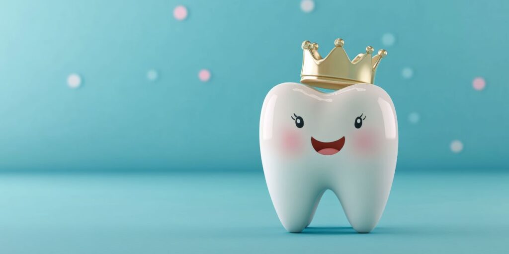 An AI image of a smiling tooth wearing a crown